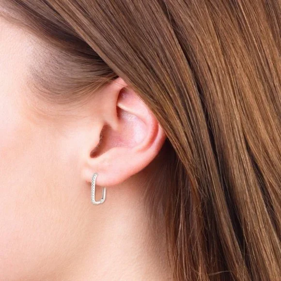 1.8 mm Moissanite Diamond Pave Rectangular Huggie Hoop Earrings NEW - Picture 2 of 11